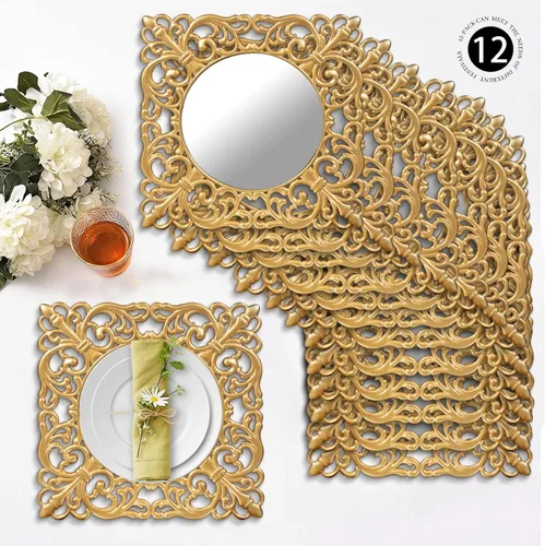 Vista 2 de MAONAME Platos cargadores dorados de 12", juego de 12 unidades, cargador espejo para platos de cena, platos cargadores de plástico con bordes