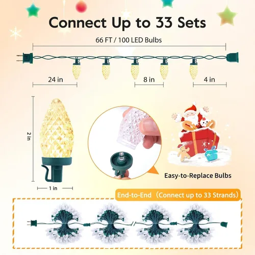Vista 3 de Cadena de luces LED C9 de Navidad, 66 pies con 100 luces LED impermeables en forma de fresa, cadena de luces con enchufe extensible de cable verde