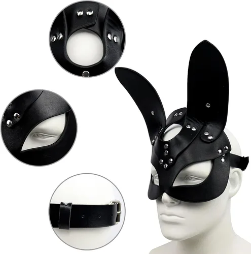 Vista 2 de Máscara de cuero para mujer, disfraz de gato de conejo, zorro, máscara de medio rostro de animal, cosplay, fiesta de Halloween, mujeres y mujeres