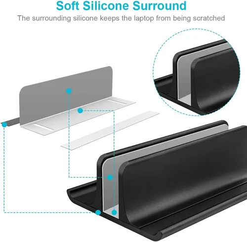 Vista 4 de Vaydeer Soporte vertical 3 en 1 para laptop, soporte de aluminio para computadora portátil con base ajustable, organizador que ahorra espacio