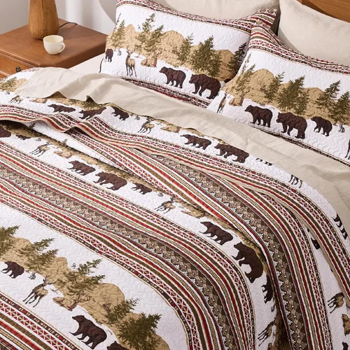 Vista 4 de PPOLCA Juego de ropa de cama para cabaña tamaño individual, edredón rústico reversible ligero de Navidad con diseño de osos, 2 piezas de colcha