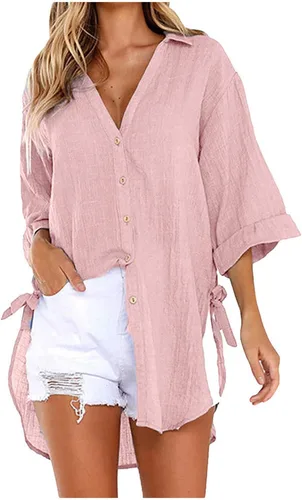 Vista 71 de Camisas de manga larga con botones para mujer, asimétricas, casuales, con cordones, túnica de gran