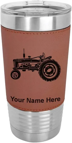 Vista 11 de LaserGram Vaso aislado al vacío de 20 onzas, Old Farm Tractor, grabado personalizado incluido (piel sintética, estilo béisbol) Engraved Gift, Faux