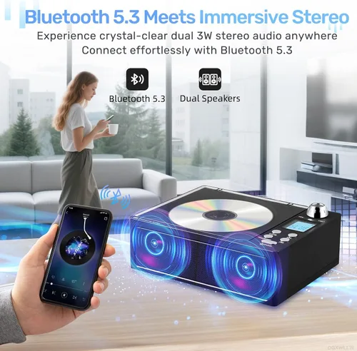 Vista 6 de Boombox reproductor de CD portátil, Boombox recargable de 4000 mAh con reproducción de CD-R/RW/MP3, radio FM/USB/TF/AUX/control remoto, Bluetooth