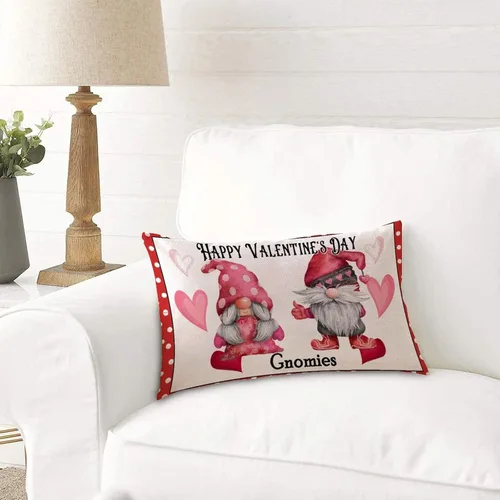 Vista 3 de Feliz día de San Valentín, lindos gnomos con almohadas lumbares de corazón, fundas de almohada decorativas de 12 x 20 pulgadas, funda de cojín