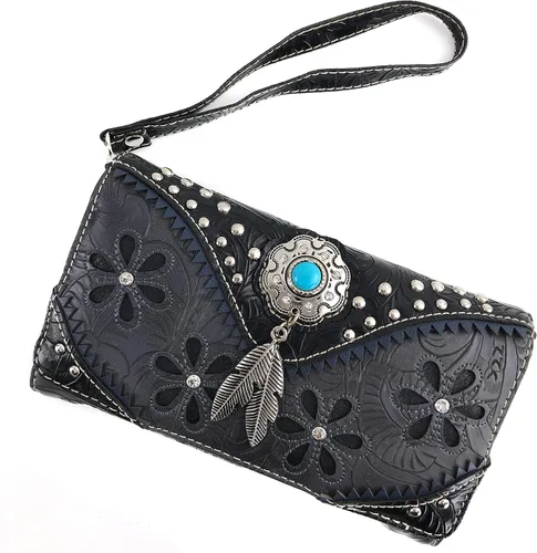 Vista 2 de Zelris Floral Western Pu Tooled Cuero Turquesa Concho Plumas Crossbody Cartera Trifold, Negro