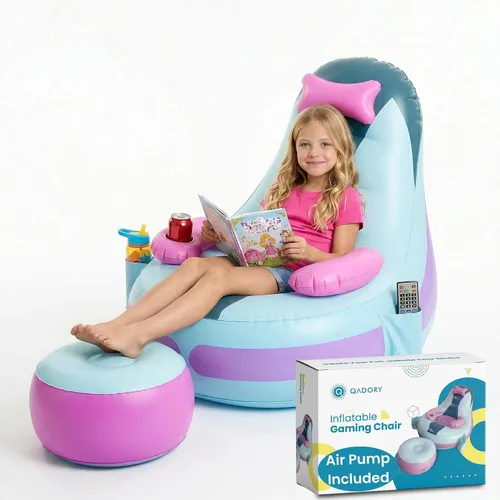 Vista 8 de Silla inflable para juegos para niños, soporta hasta 300 libras, incluye bomba de aire, soporte para tazas, 2 bolsillos, asiento de puf duradero
