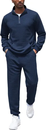 Vista 10 de COOFANDY Chándal para Hombre de 2 Piezas con Cremallera de un Cuarto Conjunto de Entrenamiento Jacquard a Cuadros para Trotar Verde militar