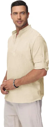 Vista 4 de Camisas de Algodón y Lino para Hombres Ligeras Casuales de Manga Larga Henley Playa Hawaianas Tops