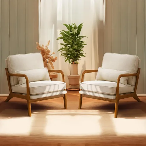 Vista 22 de Bonnlo - Silla de acento moderna de mediados de siglo con tela de lino beige, sillones de descanso con acolchado de madera maciza para sala