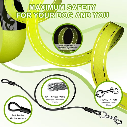 Vista 4 de Correa retráctil mejorada para perro de 16.4 pies – Correa retráctil reflectante resistente con agarre suave antideslizante – Bolsa desmontable