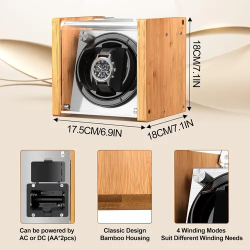 Vista 6 de Watch Winder Smith Bobinadora de reloj automática individual de bambú - 4 modos de rotación, motor silencioso