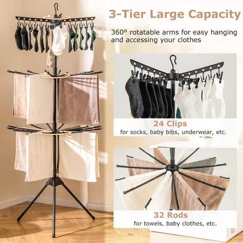 Vista 6 de GIANTEX - Trípode de secado de ropa de 70 pulgadas con 24 clips y 32 varillas, giratorio en 360° 3-Tier Freestanding Folding Laundry Drying Rack
