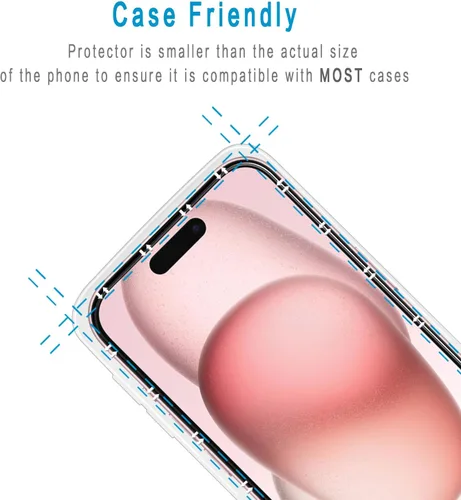 Vista 6 de (2 unidades) Protector de pantalla para iPhone 15 de vidrio templado de 6.1 pulgadas, fácil de instalar, sin burbujas, dureza 9H