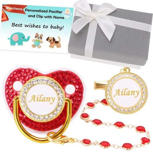 Vista 9 de Chupete personalizado con nombre, juego de clip para chupete dorado brillante con caja de regalo, tarjeta de felicitación, lujoso chupete de cristal