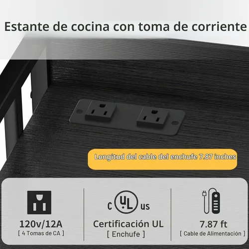 Vista 6 de Estante para panaderos de 4 niveles con almacenamiento y toma de corriente, soporte ajustable para microondas con almacenamiento, estante