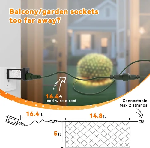 Vista 6 de LitHome Luces de red de Navidad de 14.8 x 5 pies, 300 luces LED de red blanca cálida, 8 modos de conexión, malla gigante impermeable de Navidad