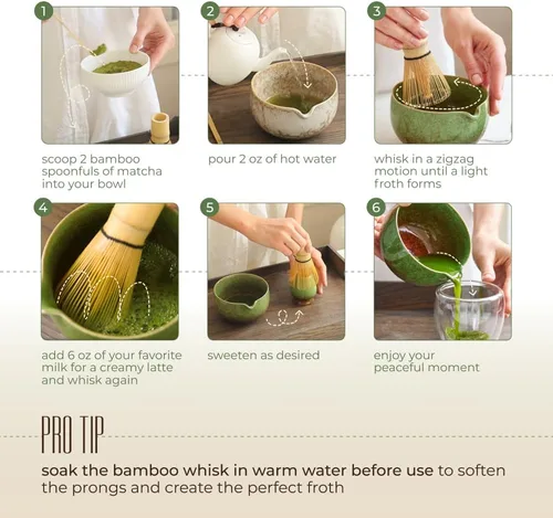 Vista 5 de SOLACEA Juego completo de batidor de matcha: cuenco de matcha con boquilla, juego de matcha y soporte de cerámica con cuchara de matcha de bambú