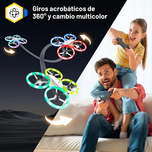 Vista 5 de Drones para niños, dron RC con luces LED frescas, mini control remoto, para interiores y exteriores, cuadricóptero RC con giro 3D y 2