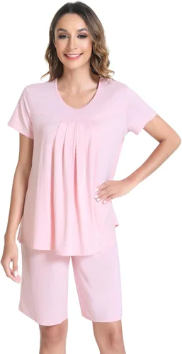 Vista 3 de NACHILA Pijama para mujer de viscosa hecha de bambú, conjunto de pijama de manga corta con cuello redondo, pijama plisado, parte superior suave