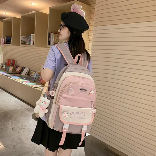 Vista 2 de Tenbip Mochila kawaii, mochila estética, mochila de preparación, suministros escolares kawaii con accesorios de oso.., Rosado
