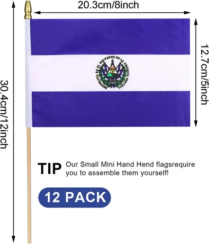 Vista 2 de 12 banderas pequeñas de Salvador en palo de madera, mini bandera de El Salvador, decoración de bandera de mano, 5 x 8 pulgadas
