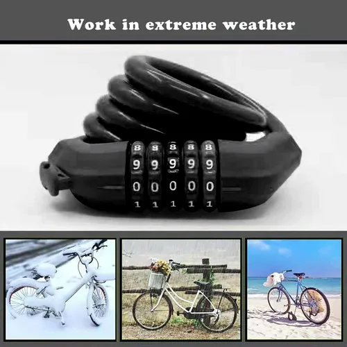 Vista 5 de Cable de bloqueo de bicicleta, bloqueo de cable reiniciable de 4 pies, bloqueo de bicicleta con combinación de 5 dígitos autoenrollable, perfecto