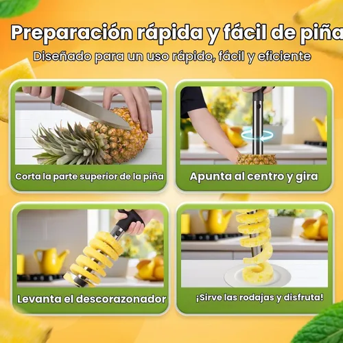 Vista 8 de Flexzion - Herramienta de cocina de acero inoxidable para pelar y sacar el corazón de ananá, para cortar y rebanar fácilmente fruta, con mango