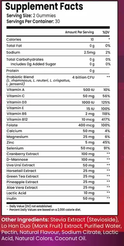 Vista 2 de Gomitas probióticas vaginales para mujeres: apoyo para la infección por VB y levaduras, equilibrio de pH, arándano y D-manosa, salud femenina