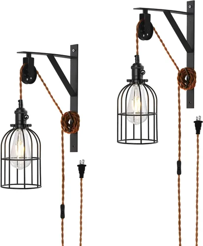 Vista 9 de Lámpara colgante enchufable, lámpara de pared con polea de granja con cable e interruptor de enchufe marrón de 7 pies, lámparas colgantes