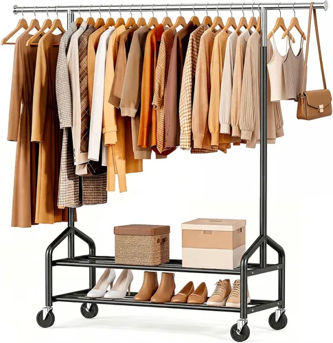 Vista 12 de Perchero de ropa resistente, 650 libras de carga para colgar ropa con 2 estantes resistentes, perchero de metal con ruedas para dormitorio