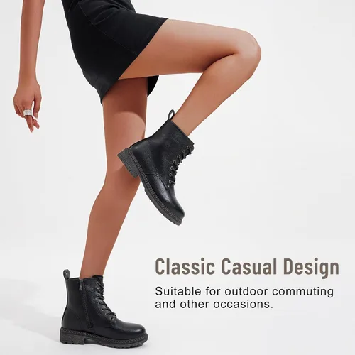 Vista 7 de Vepose - Botas de combate para mujer con puntera corta, cordones clásicos, tacón bajo, cremallera 9623