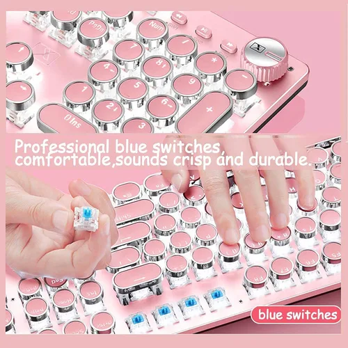Vista 3 de CC MALL Teclado para juegos, estilo retro punk de máquina de escribir, interruptores azules, retroiluminación blanca, cable USB, para computadora