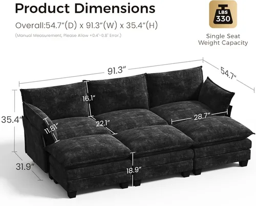 Vista 2 de KKL Sofá Cama Seccional Modular Grande de 91.3", Sofá Cama Convertible en Forma de J/L de 6 Plazas Sofá Nube con Otomana, Sofás Seccionales