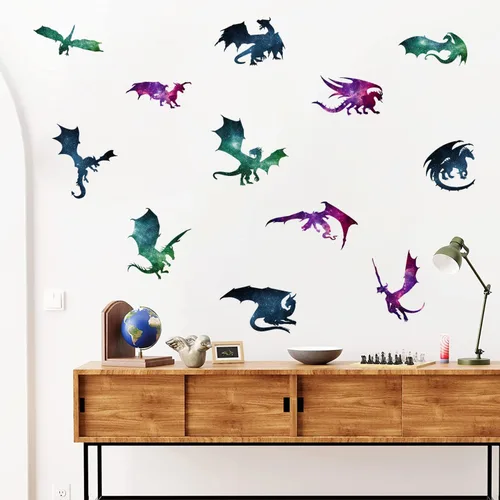 Vista 7 de Calcomanías de pared de dragón grande, calcomanías de pared de dinosaurios 3D de dibujos animados, calcomanías de pared de dinosaurios de dragón
