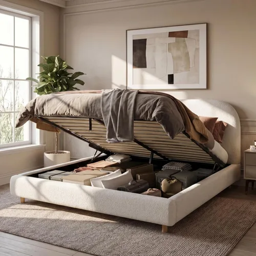 Vista 17 de Merax Cama de plataforma tapizada de tela Boucle tamaño Queen con cabecera curvada, marco de cama de madera moderno con patas cilíndricas para Crema