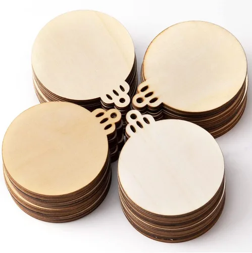 Vista 7 de 60 piezas de rebanadas de madera, adornos navideños de madera de 3.5 pulgadas, círculos de madera preperforados sin terminar para centros de mesa
