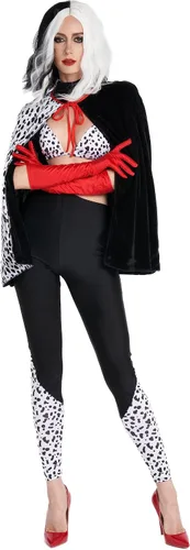 Vista 2 de Disfraz de Cruella para mujer, disfraz de Halloween para adultos, disfraz sexy de villana dálmata, disfraz de Cruella de Vil, conjunto de 5 piezas