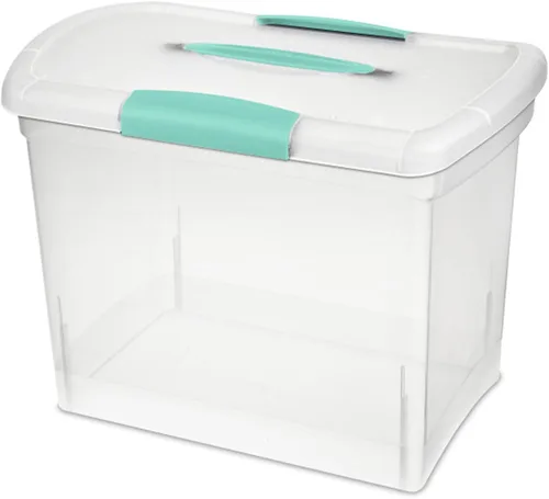 Vista 2 de Sterilite Papelera apilable grande de almacenamiento ShowOffs, organizador con cierre con asa, caja de plástico para organización de archivos