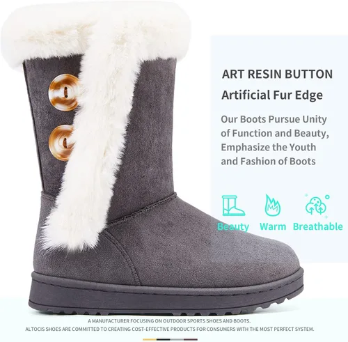 Vista 3 de ALTOCIS Botas de nieve de invierno con forro de piel para mujer botas cortas de media pantorrilla botas de moda con botón de resina artística botas
