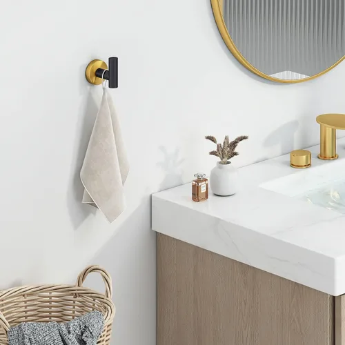 Vista 2 de Gancho de toalla Angle Simple Negro y Oro, Soporte de toalla de baño de acero inoxidable, Gancho redondo para ropa de bata de montaje en pared Negro