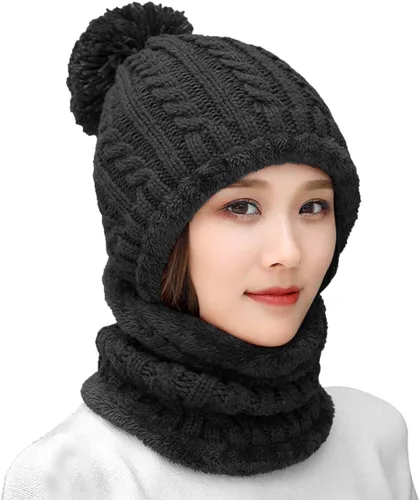 Vista 29 de Gorro de Invierno para Mujer de Una Pieza con Forro Polar Pasamontañas de Punto Conjunto con Bufanda Circular para Cuello Gorro de Esquí para Nieve