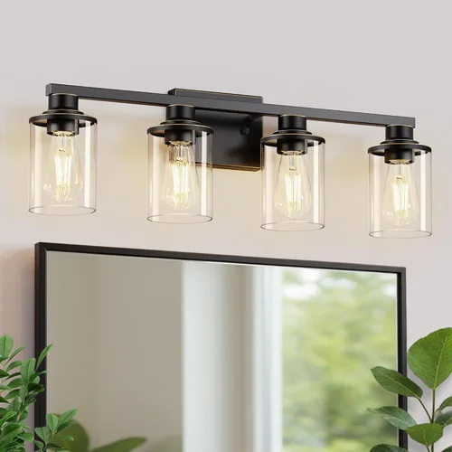 Vista 16 de L LOHAS LED Lámparas de baño negras de 2 luces, accesorios de iluminación modernos sobre espejo con pantalla de vidrio transparente, luces