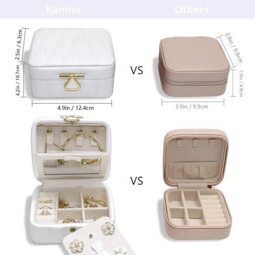 Vista 3 de KAMIER Organizador de joyas de viaje, caja organizadora de joyas de viaje de cuero acolchado con diamante, caja de joyería pequeña para mujer