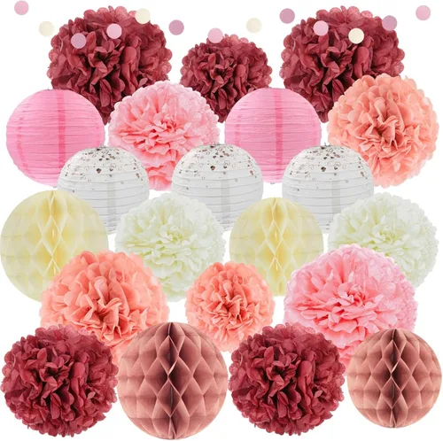 Vista 6 de EPIQUEONE Juego de pompones de papel de seda, decoración de fiesta de panal malva vibrante y bocanadas de papel, linternas malva y bolas decorativas