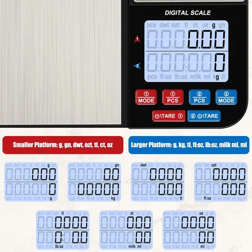 Vista 7 de Báscula digital de cocina de doble plataforma de 22 libras, báscula de alimentos de acero inoxidable Diyife con capacidad de precisión de 22 libras