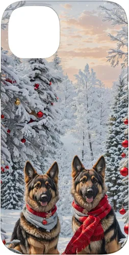 Vista 15 de iPhone 16 Lindo perro pastor alemán en paisaje nevado feliz Navidad caso