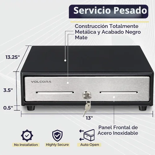Vista 2 de Volcora Cajón de caja registradora de 13" para sistema de punto de venta (POS), Bandeja de efectivo de 4 billetes y 5 monedas, Cajones delanteros