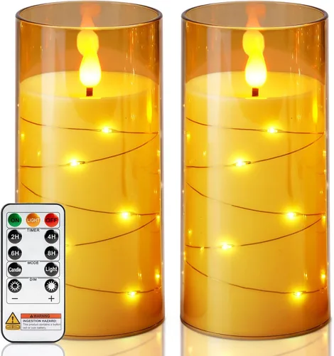 Vista 20 de Homemory Velas sin llama con cadena de estrellas incrustadas, velas que funcionan con pilas, velas LED, velas falsas con control remoto y Azul