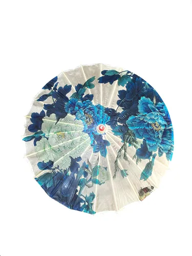 Vista 4 de THY COLLECTIBLES Impermeable hecho a mano chino aceitado papel paraguas sombrilla 33" flores azules y blancas
